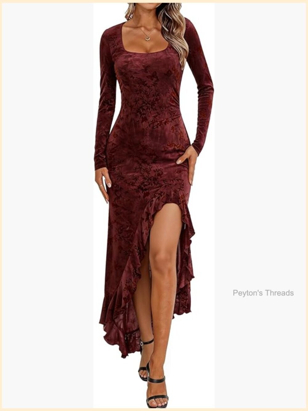 Long Sleeve Maxi Dress Square Neck Bodycon Side Split Floral Print